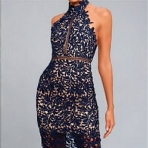LULU'S BLUE LACE HIGH NECK MIDI DRESS